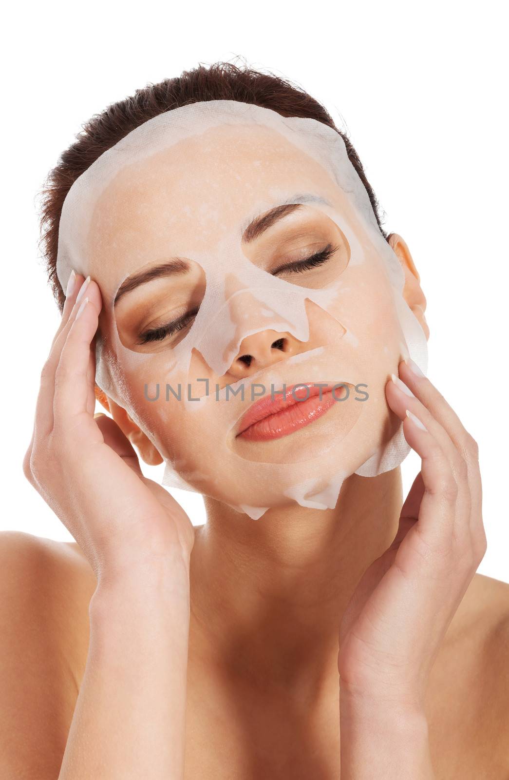 Beautiful woman with collagen mask. Isolated on white.