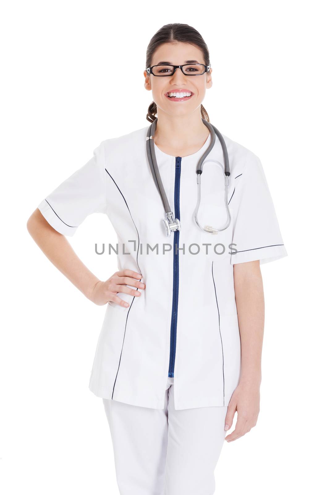 Young beautiful doctor, nurse with stethoscope. Isolated on white.