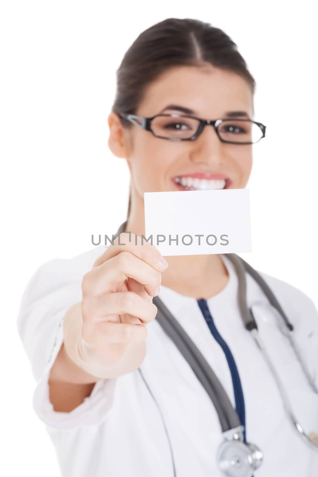 Young female doctor holding business card. by BDS