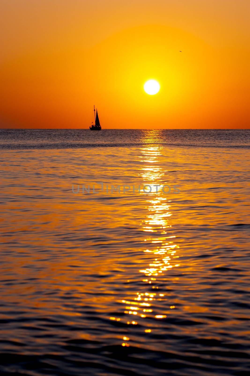 Single yacht in the sea at sunset