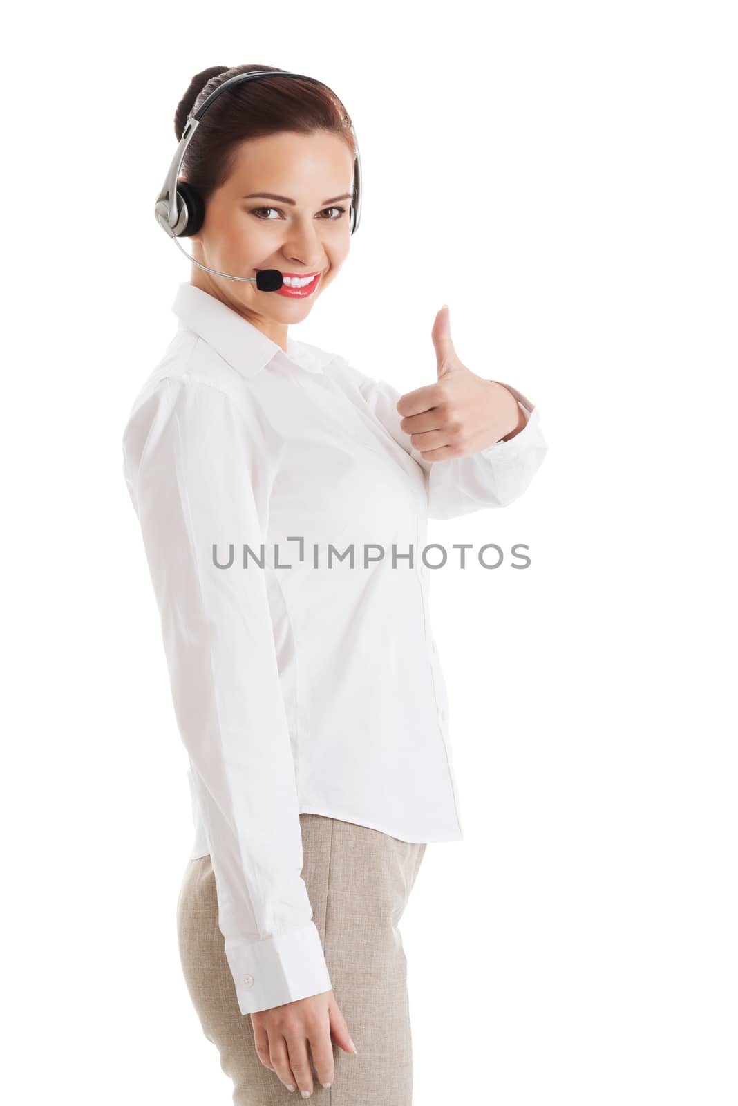 Beautiful woman on call center, showing OK. Islated on white.