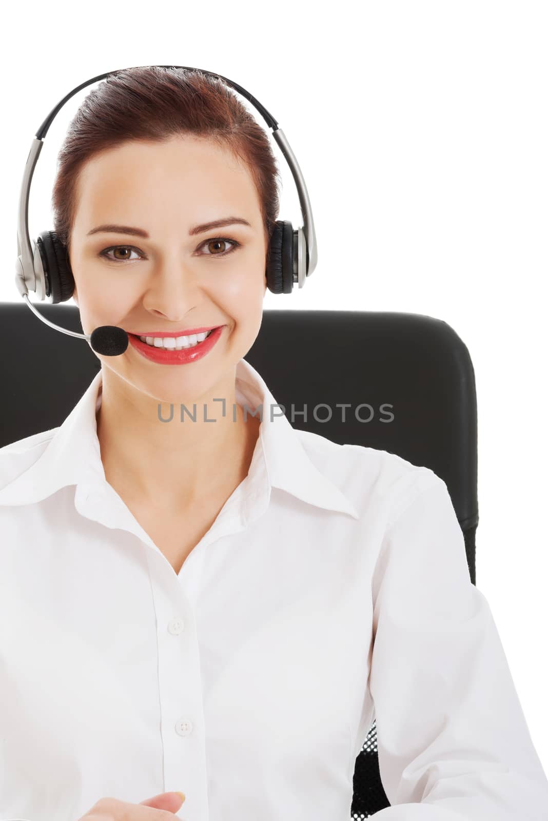 Beautiful woman sitting with microphone and headphones. by BDS