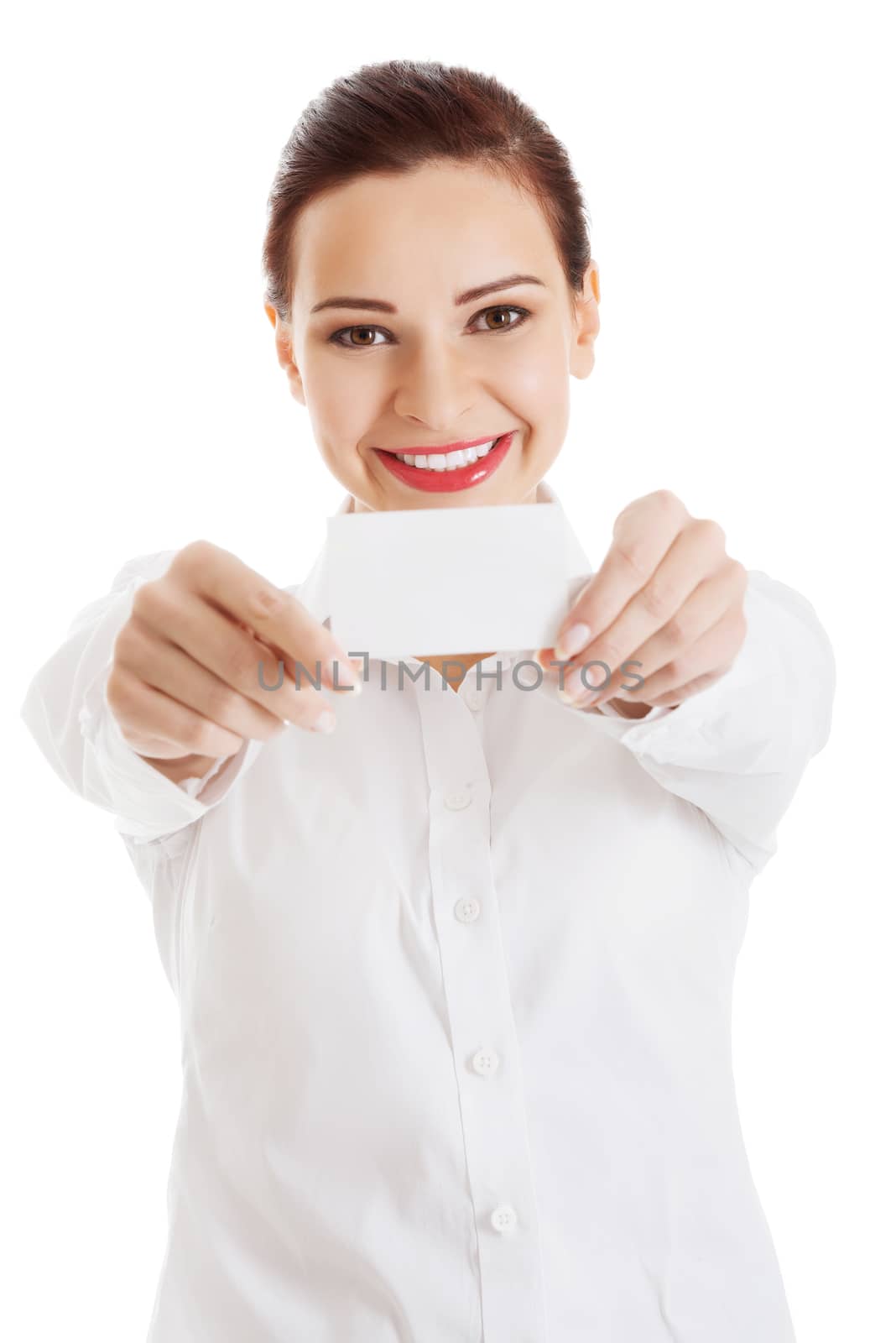 Beautiful business woman holding personal card. by BDS