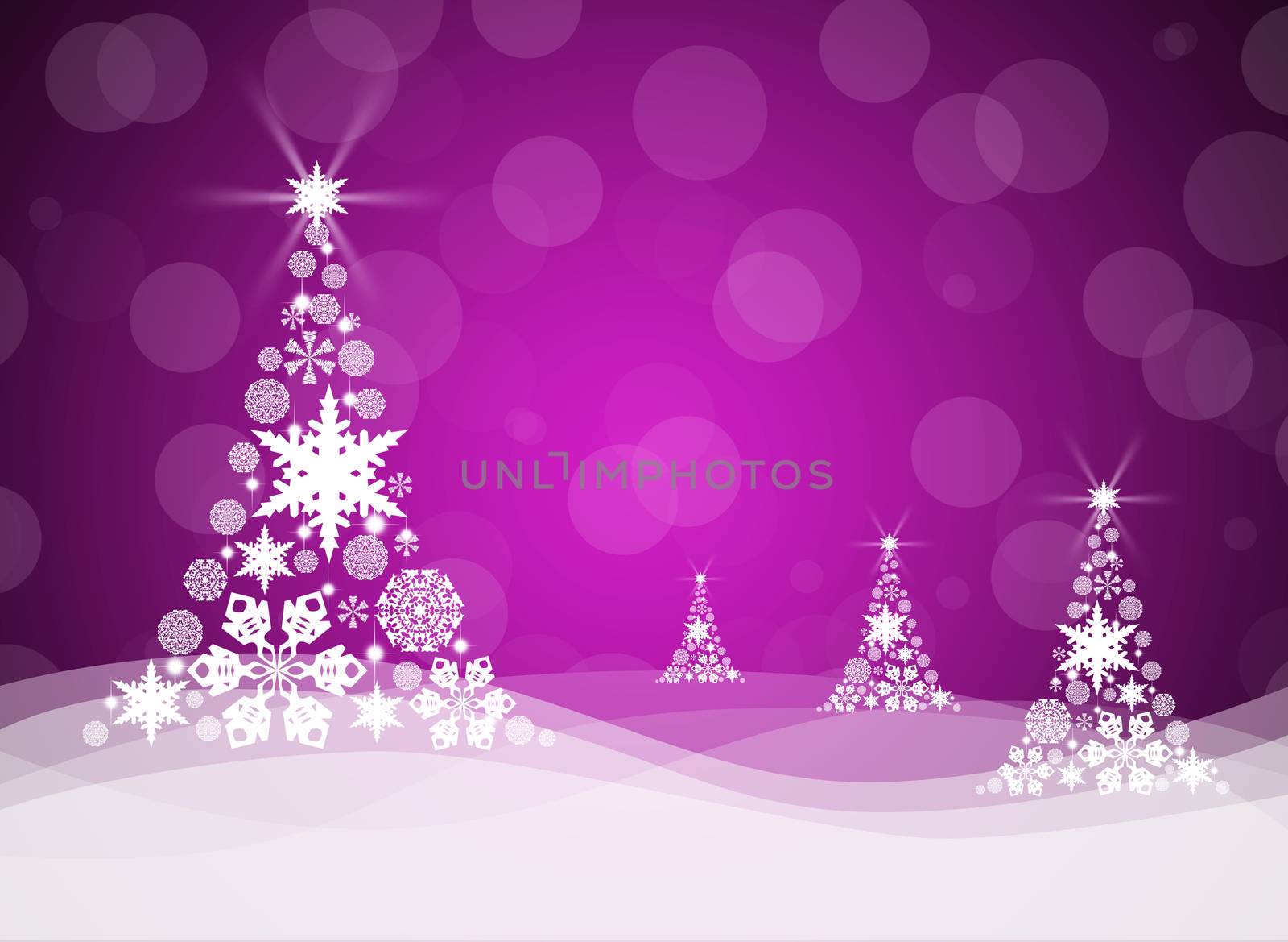 Christmas tree from white snowflakes on magenta background