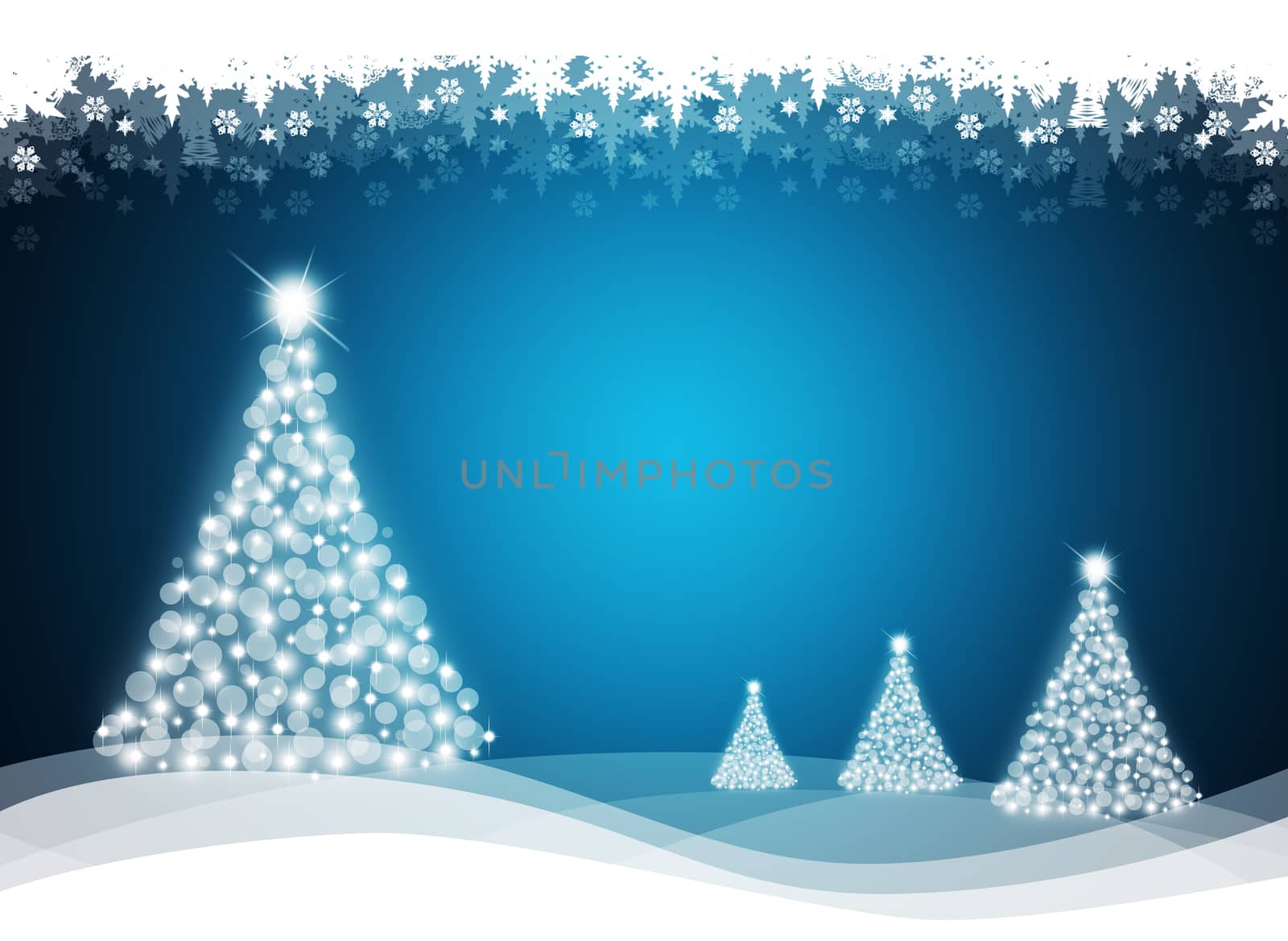 Christmas tree from white snowflakes on blue background