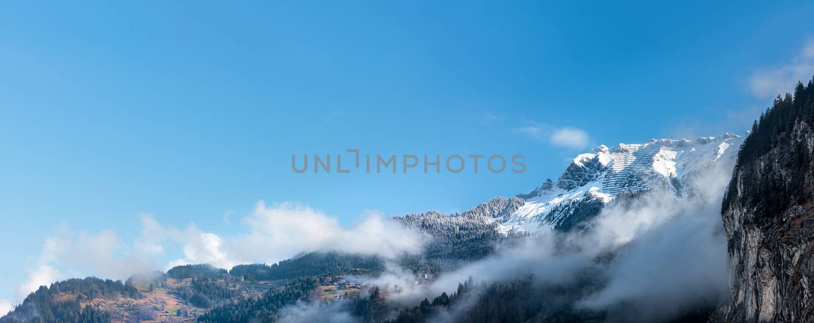 Views of the Bernese Oberland from Lauterbrunnen. Switzerland. Panorama.