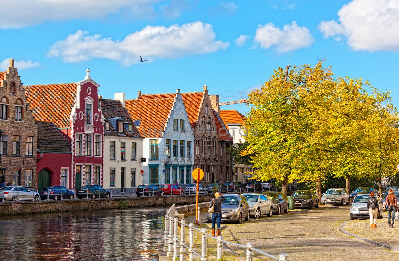 Classic view of channels of Bruges. Belgium. Medieval fairytale city.