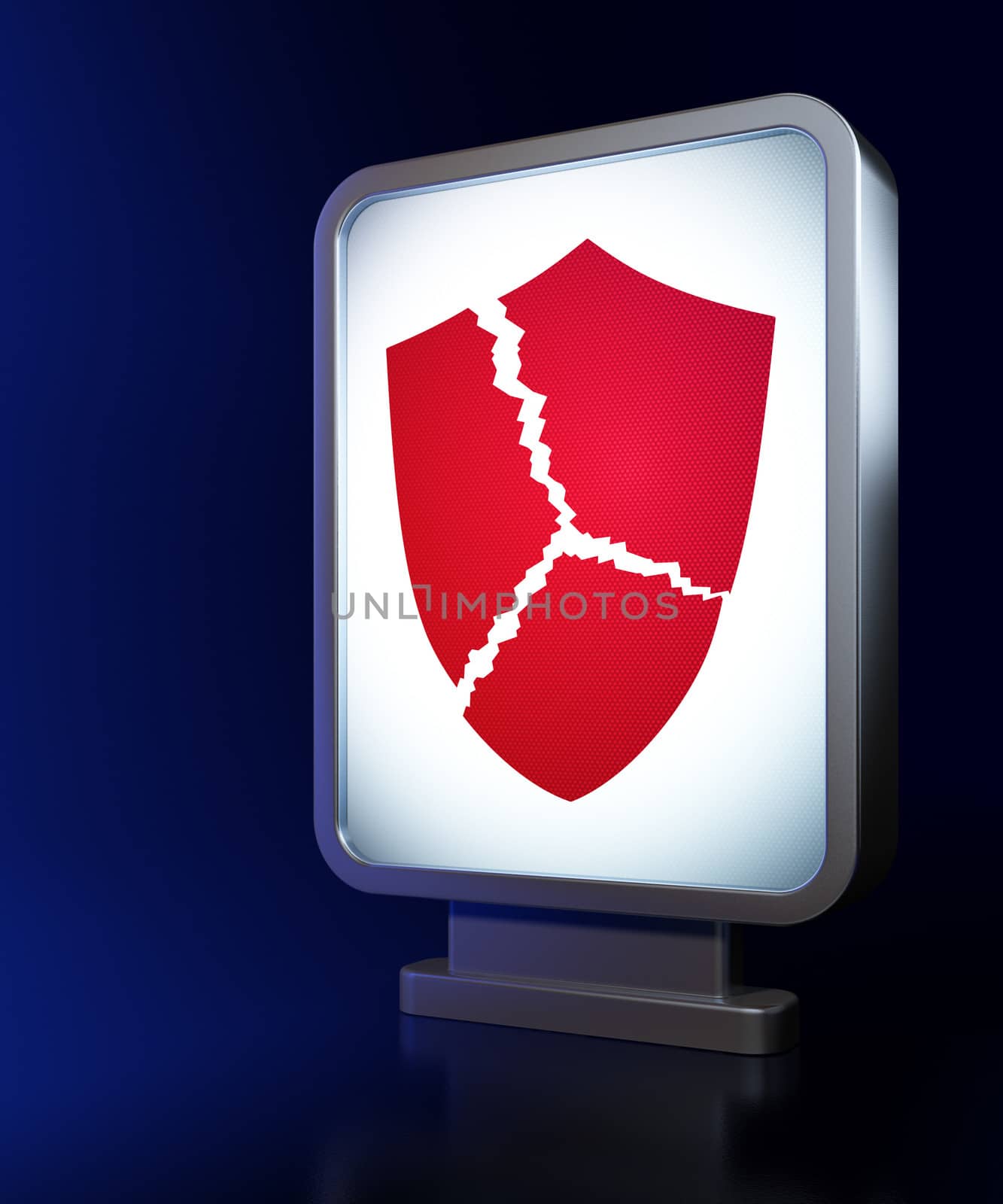 Protection concept: Broken Shield on advertising billboard background, 3d render