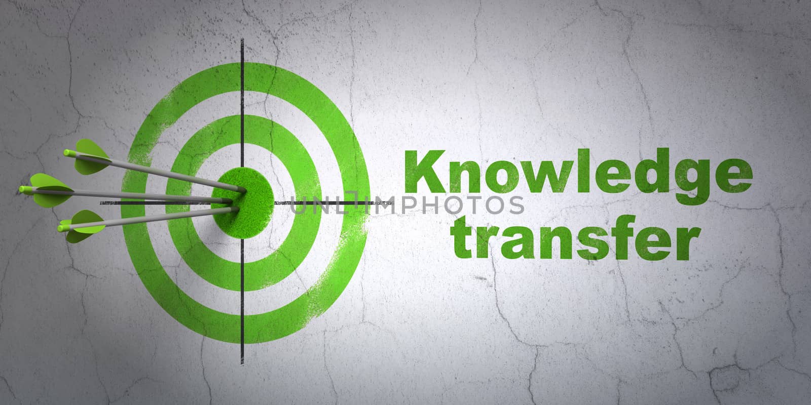 Success Education concept: arrows hitting the center of target, Green Knowledge Transfer on wall background, 3d render