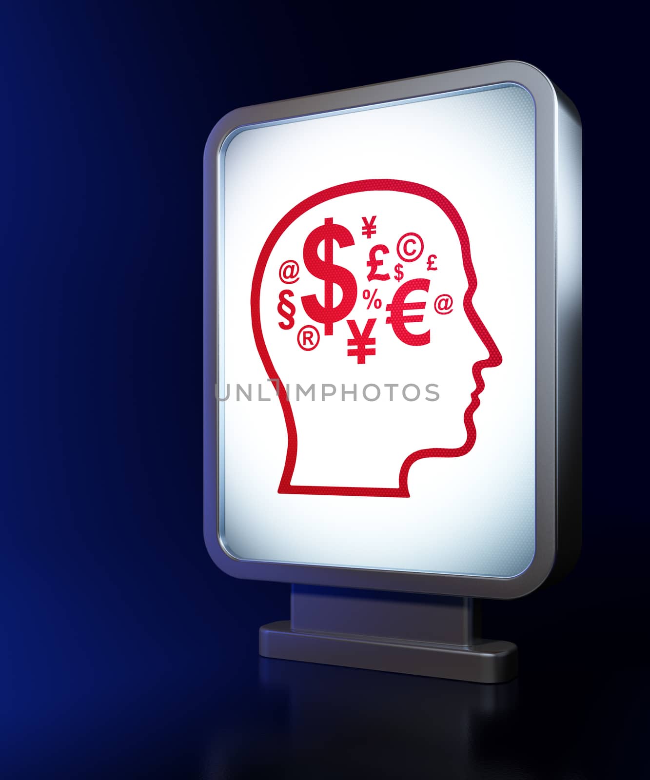 Finance concept: Head With Finance Symbol on advertising billboard background, 3d render