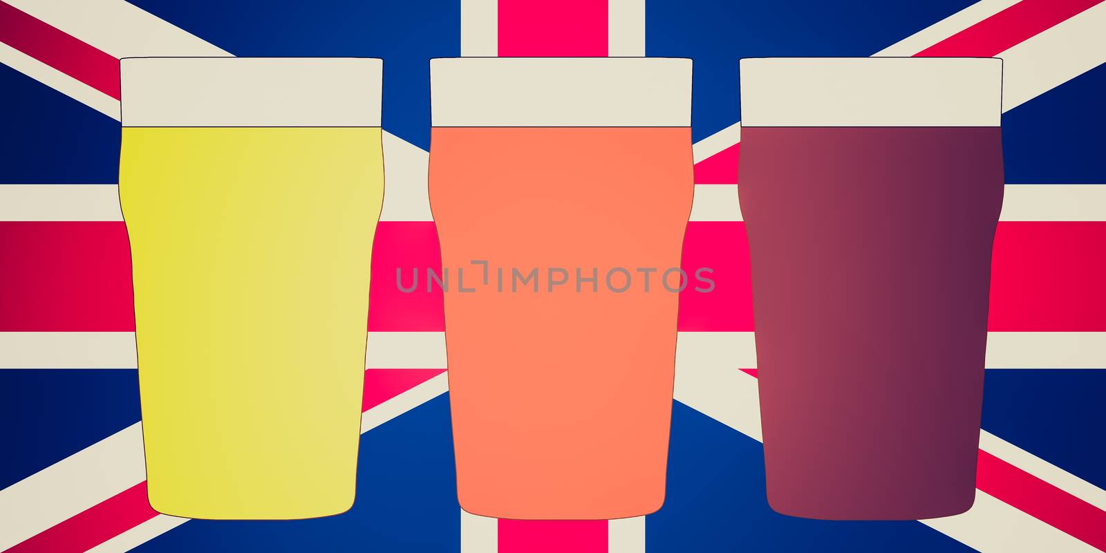 Retro looking Three pints of British beer including lager, bitter and stout over Union Jack