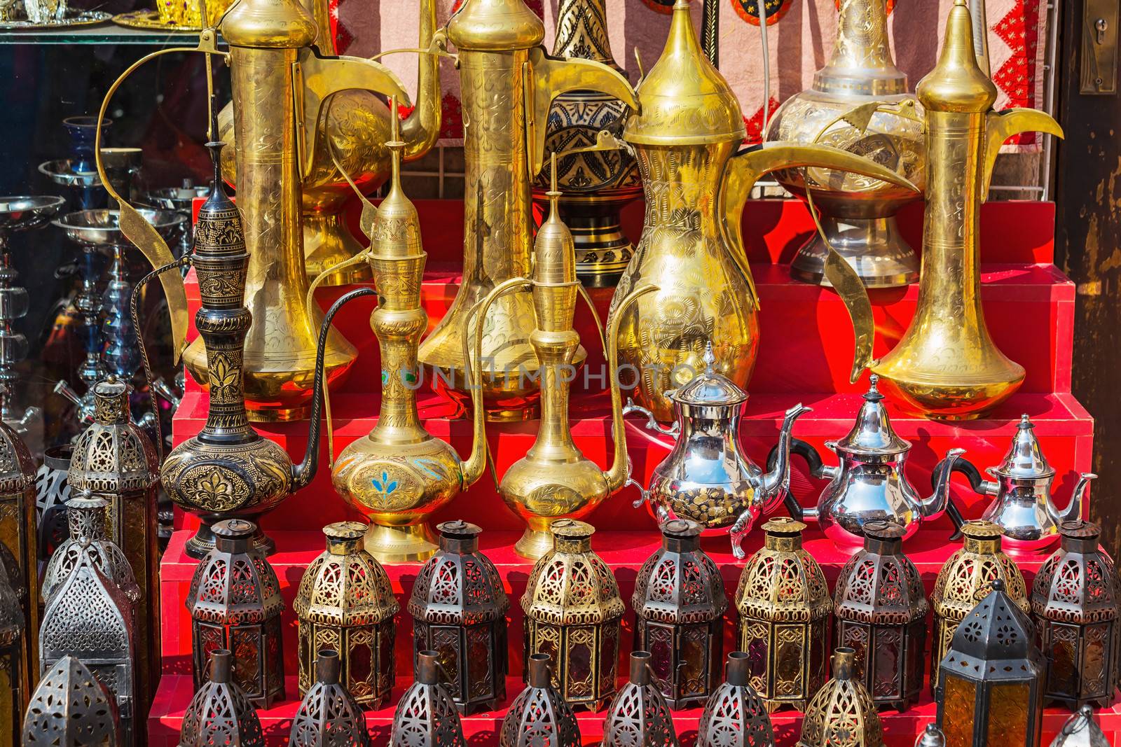traditional coffee pots and lamps at the souq in Dubai. by oleg_zhukov