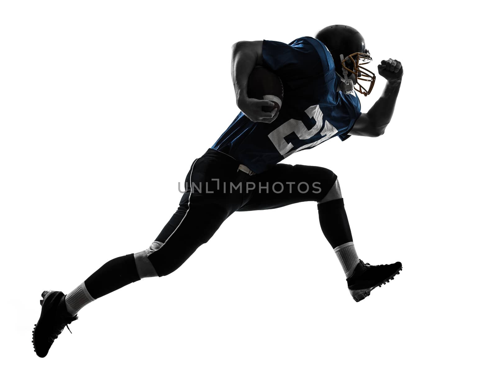 one caucasian american football player man running  in silhouette studio isolated on white background
