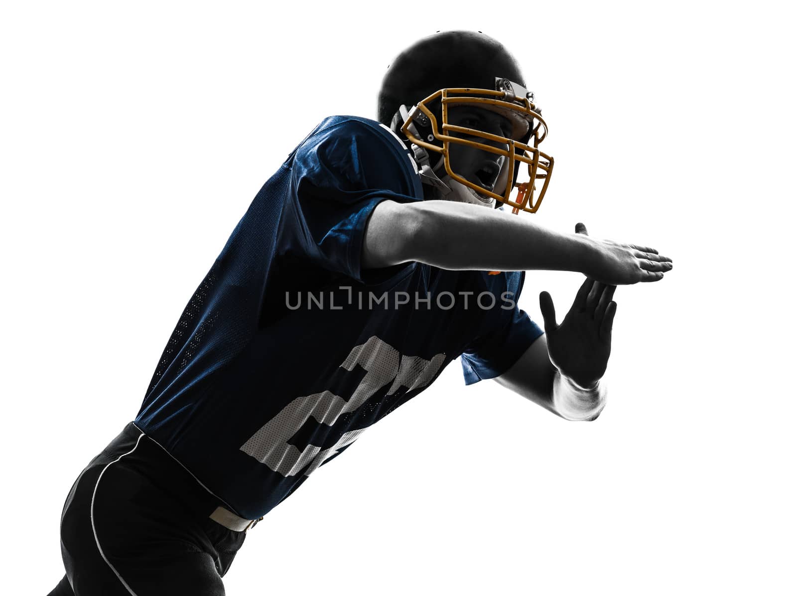 one caucasian american football player man time out gesturing in silhouette studio isolated on white background