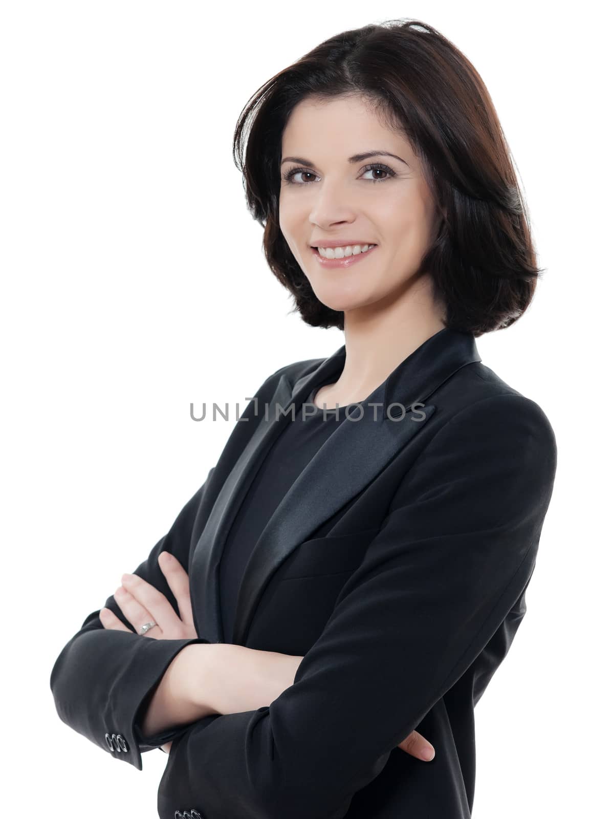 one beautiful smiling caucasian business woman portrait arms crossed in studio isolated on white background