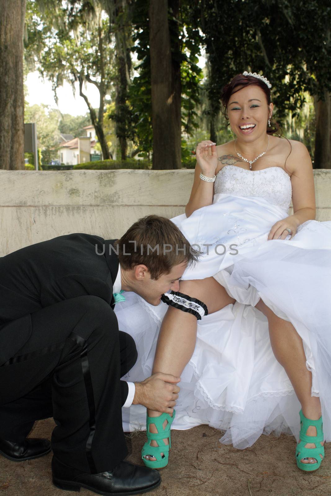 A handsome groom removes the garter from his bride's leg with his teeth.