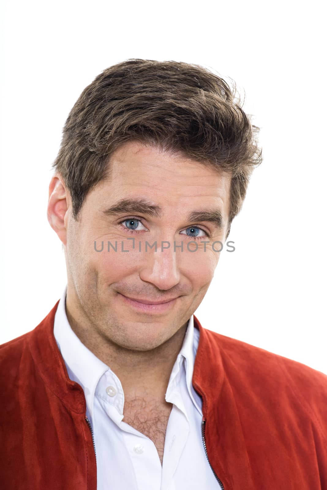 one caucasian man mature handsome portrait blue eyes smiling portrait studio white background
