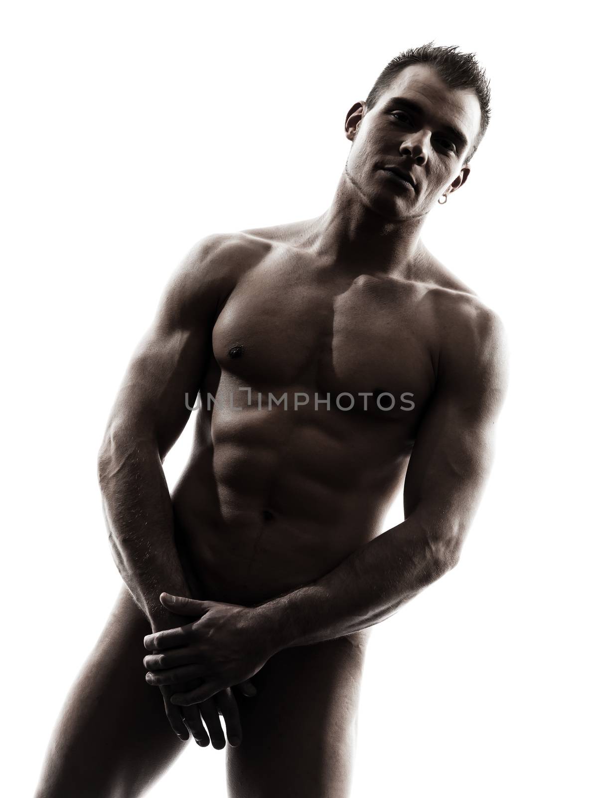 one caucasian handsome naked muscular man standing portrait in silhouette studio on white background