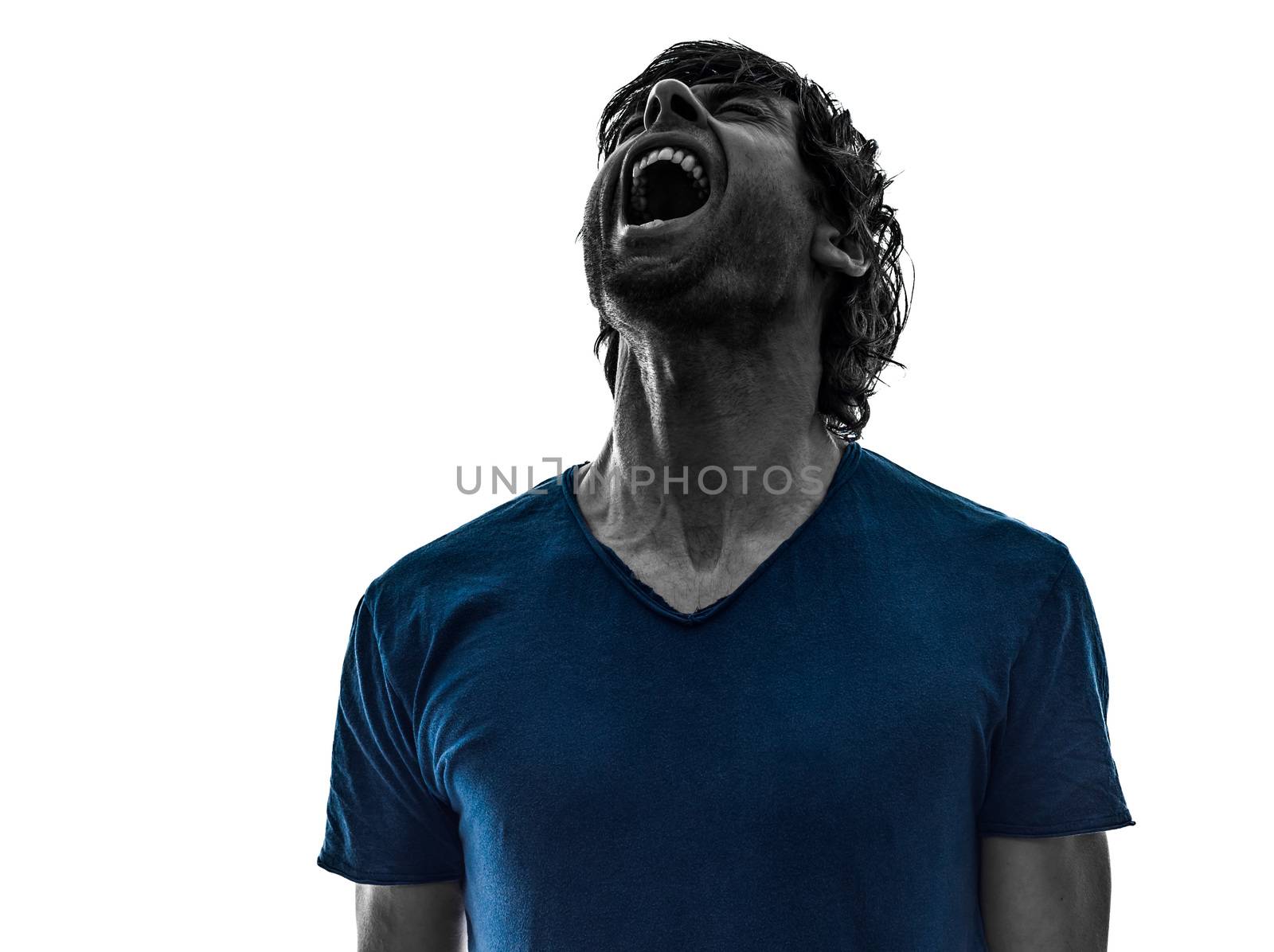 one caucasian stubble man shouting on white background