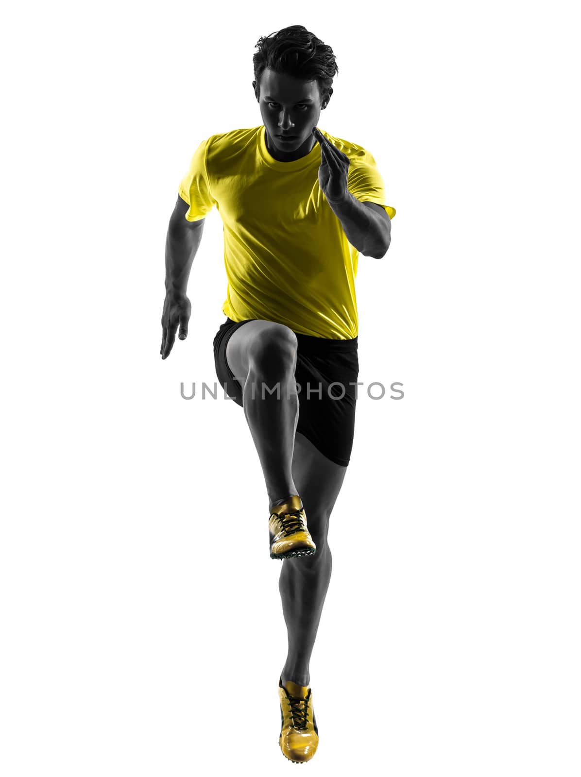 one caucasian man young sprinter runner running in silhouette studio on white background