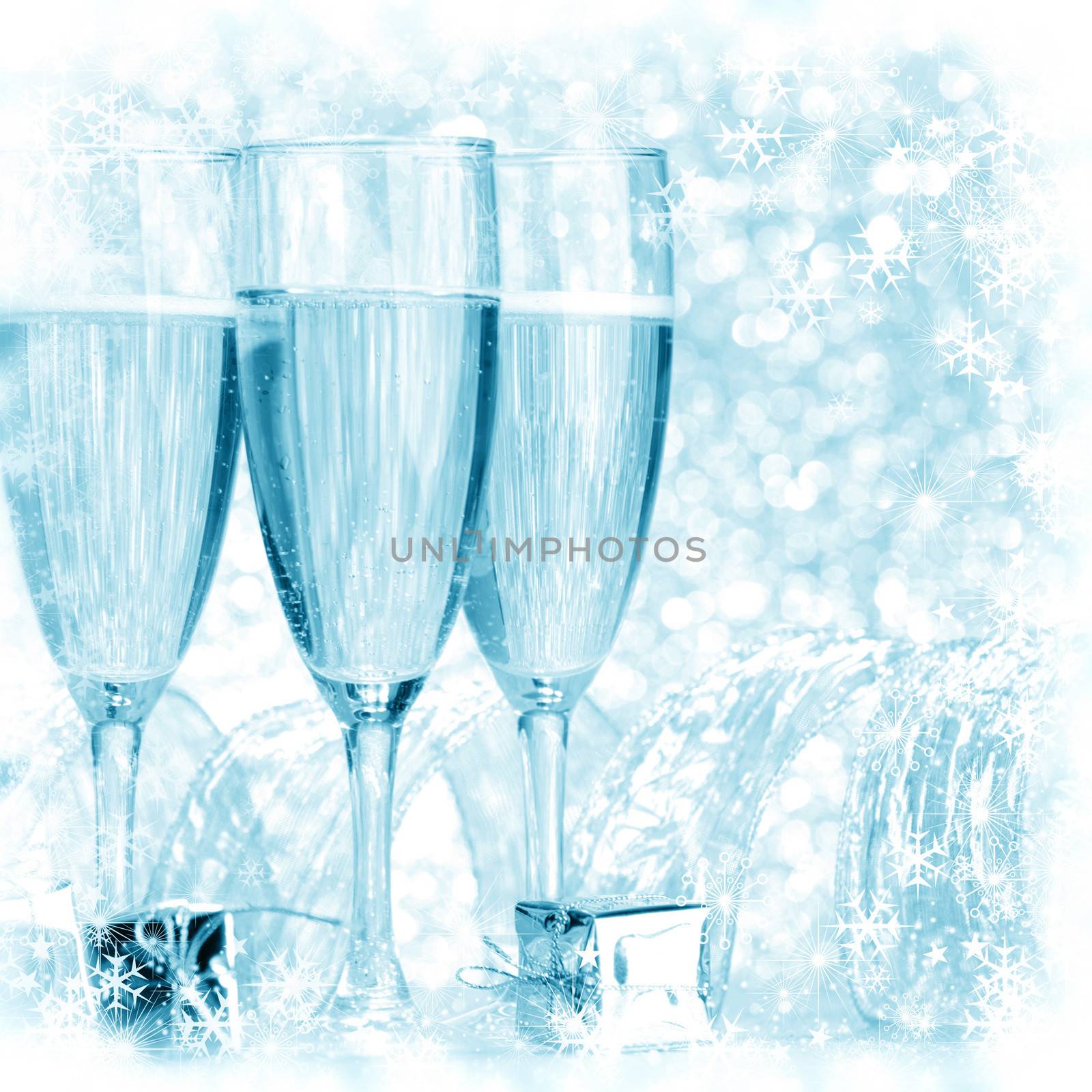New year champagne and gifts with snowflakes and stars