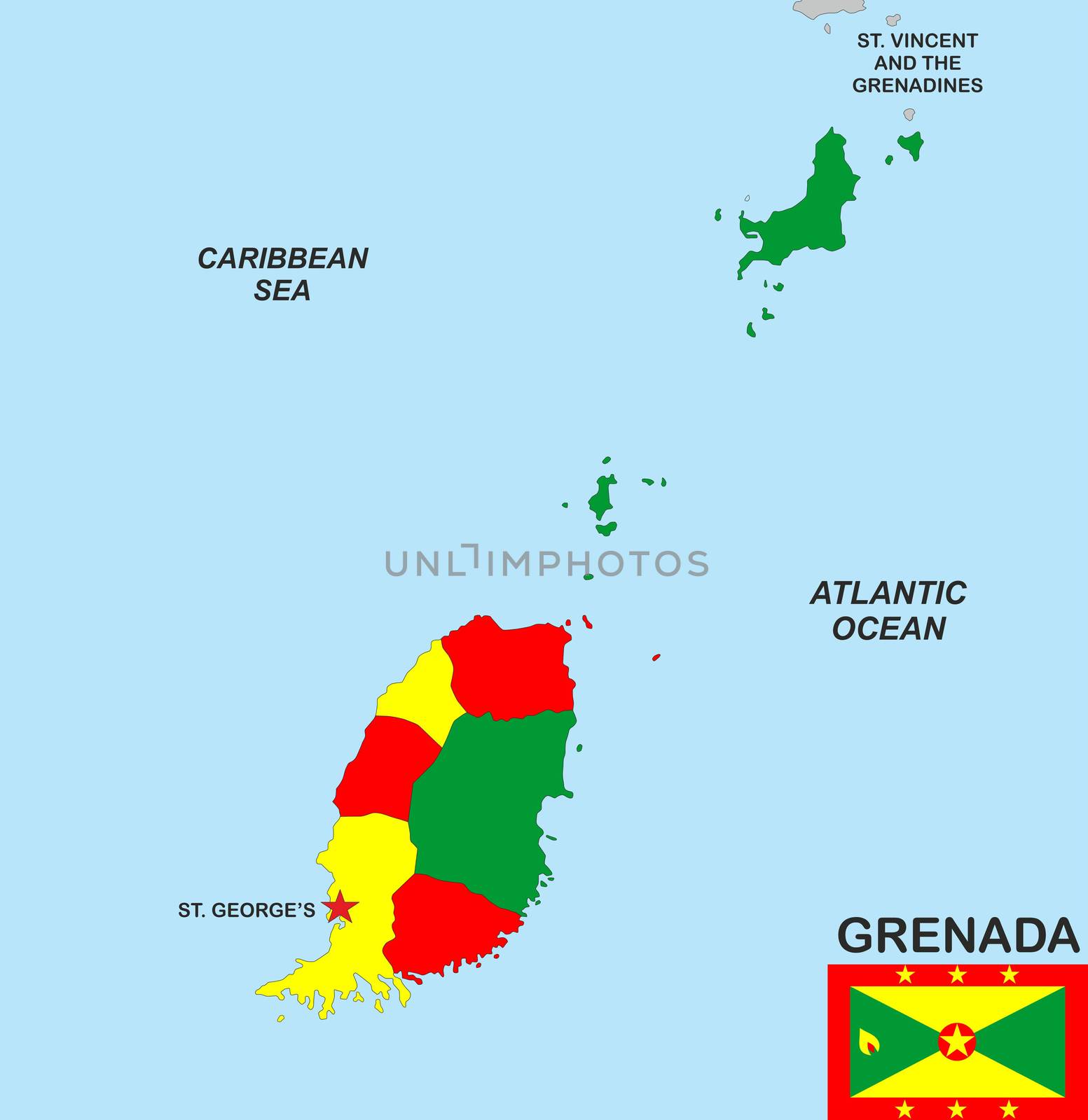 very big size illustration grenada country map with flag 