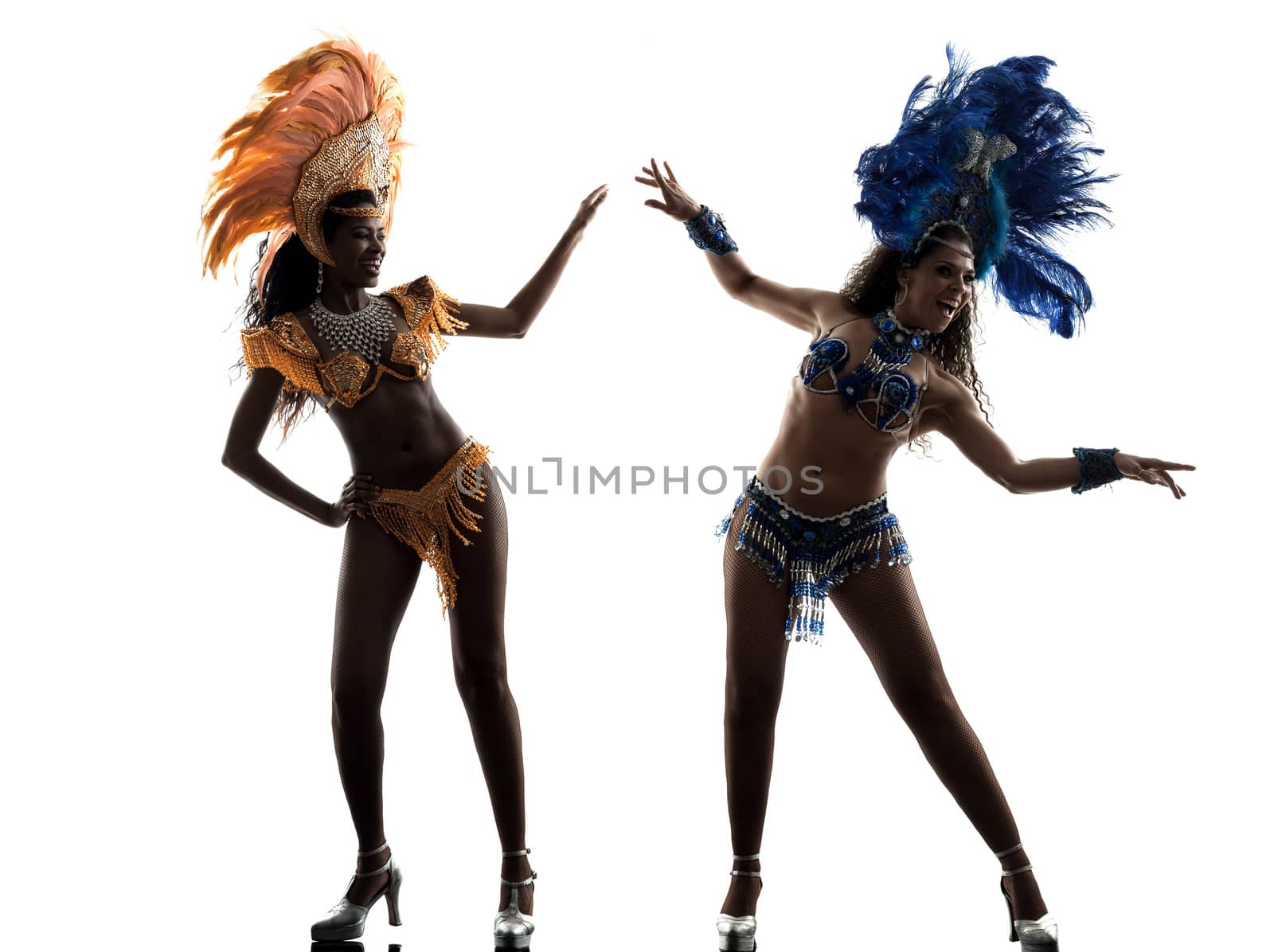 two women samba dancer dancing silhouette on white background
