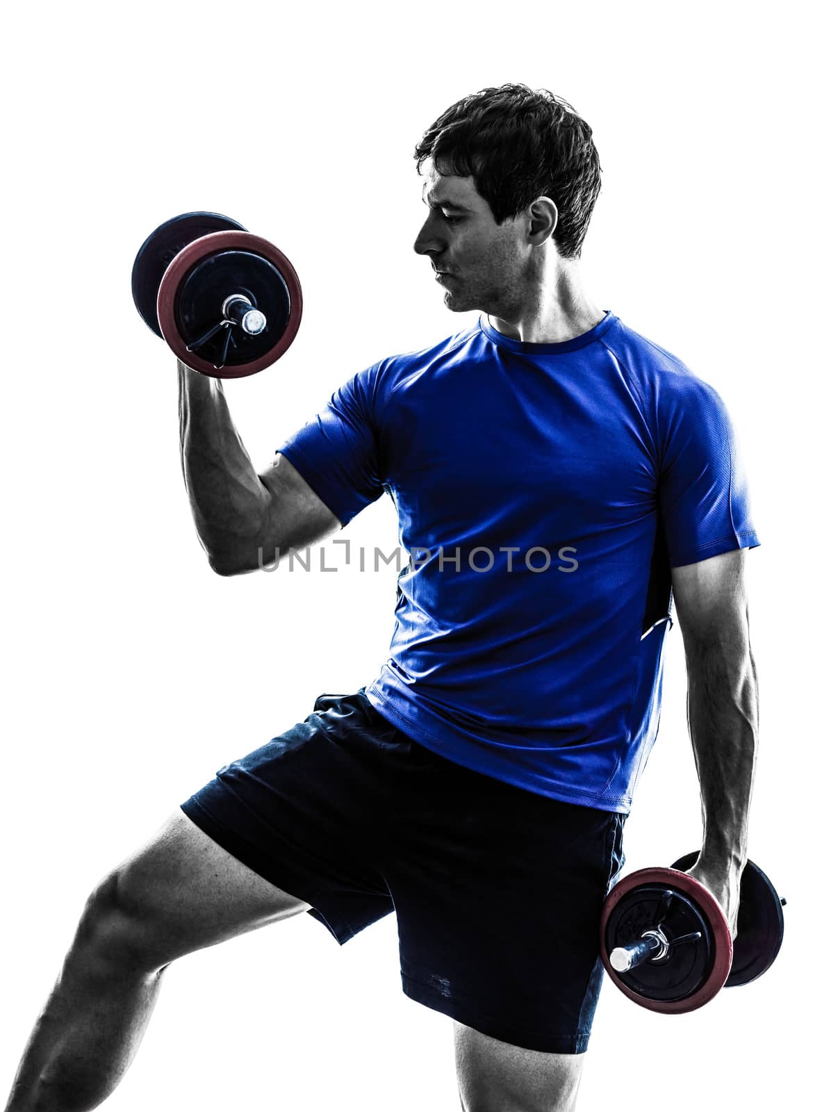 one caucasian man exercising weight training  on white background
