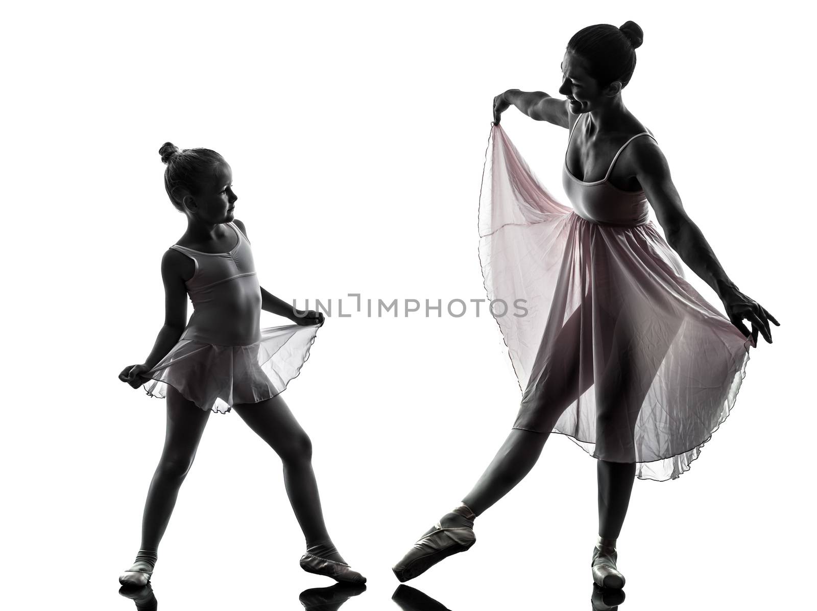 woman and little girl  ballerina ballet dancer dancing in silhouette on white background