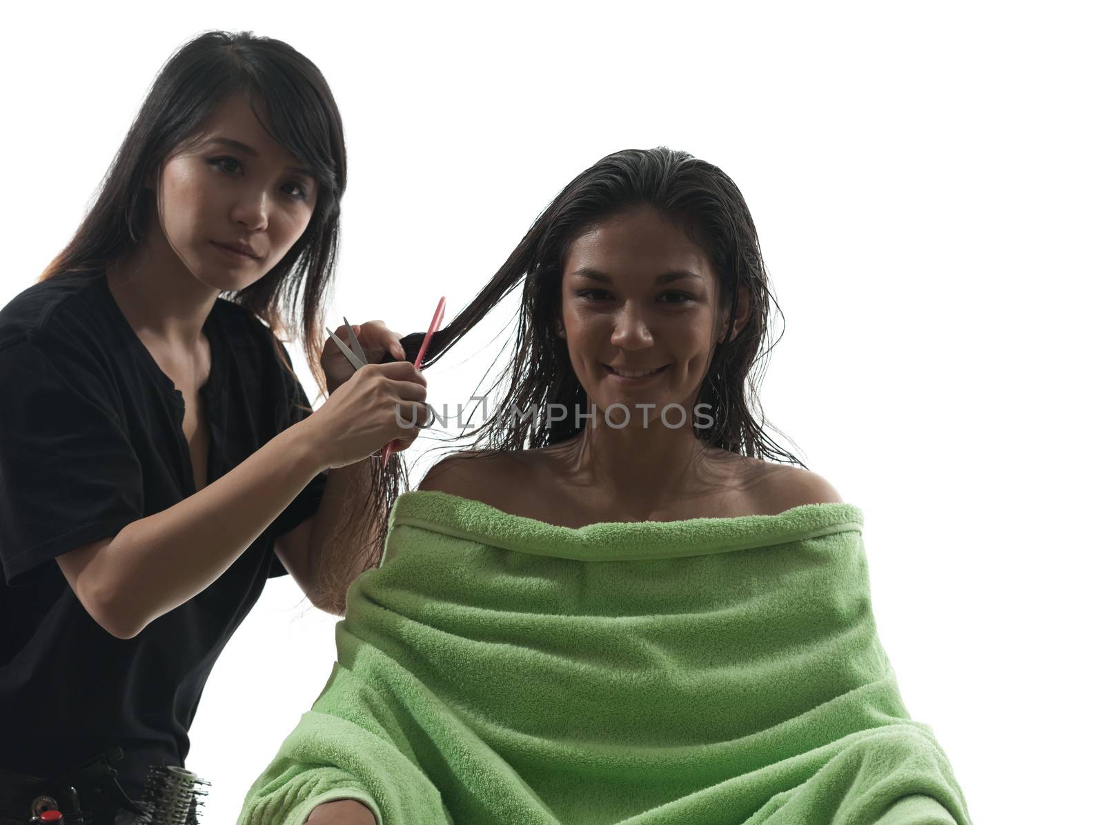 woman and hairdresser in silhouette on white background