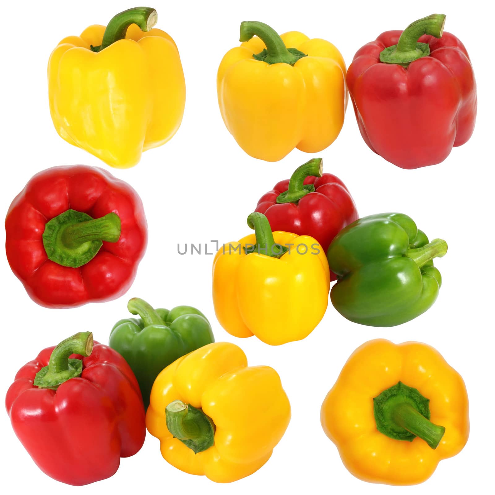 Set red green and yellow sweet bell pepper isolated on white background