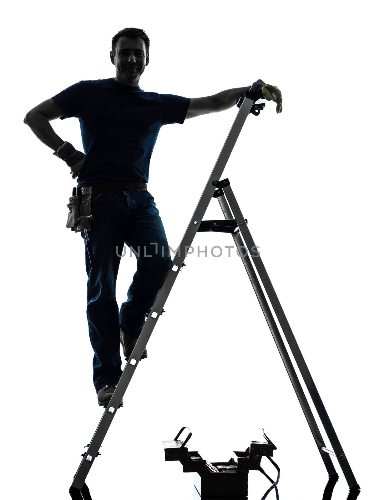 one manual worker man standing on ladder in silhouette on white background