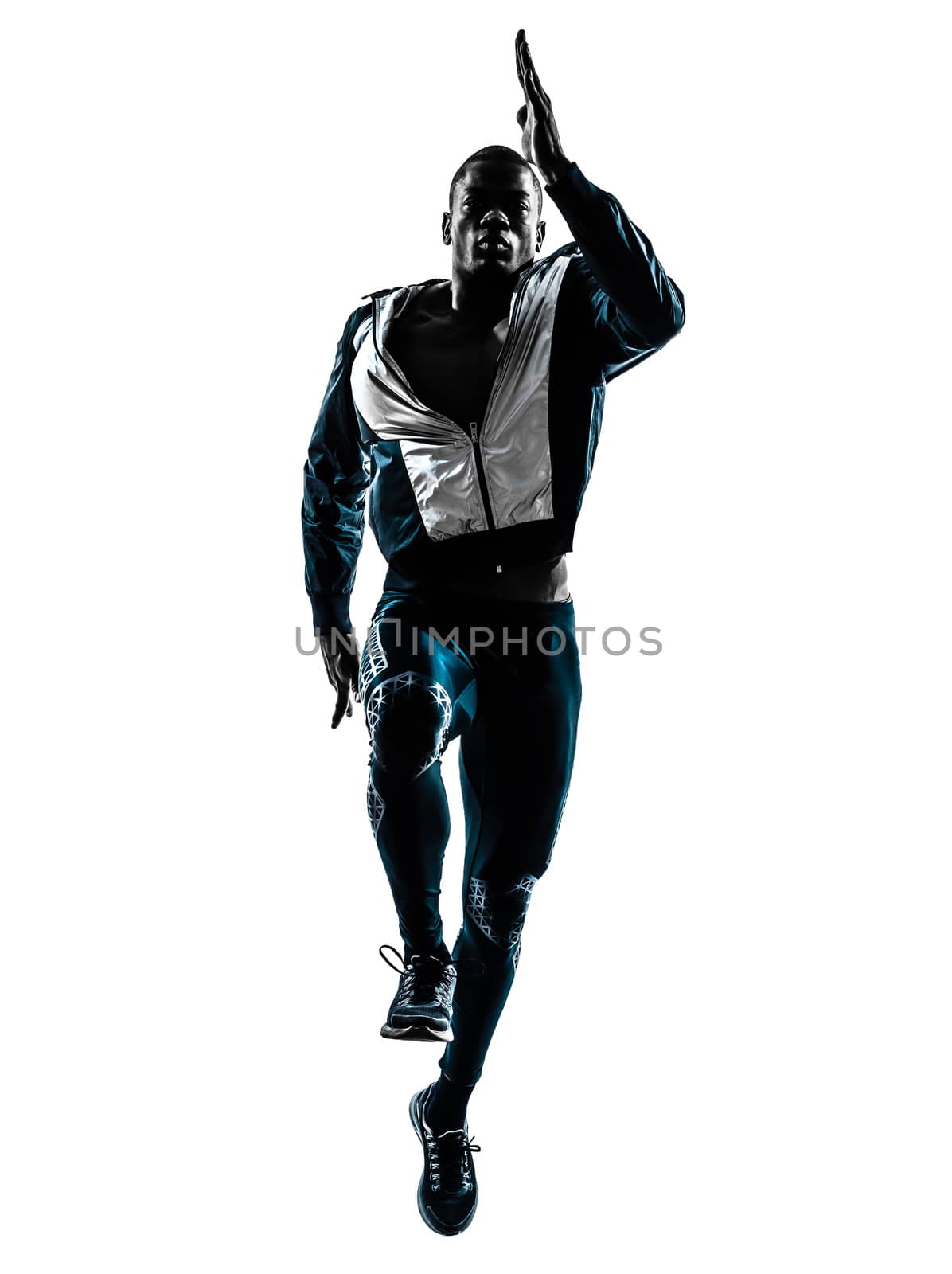 one caucasian man running sprinting jogging in silhouette studio isolated on white background