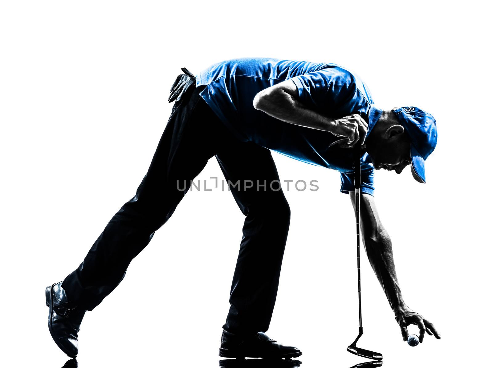 one man golfer golfing in silhouette studio isolated on white background