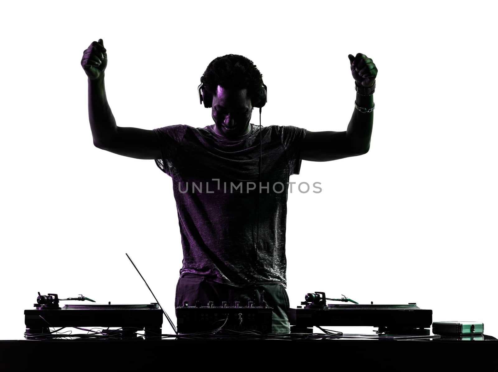 one disc jockey man in silhouette on white background