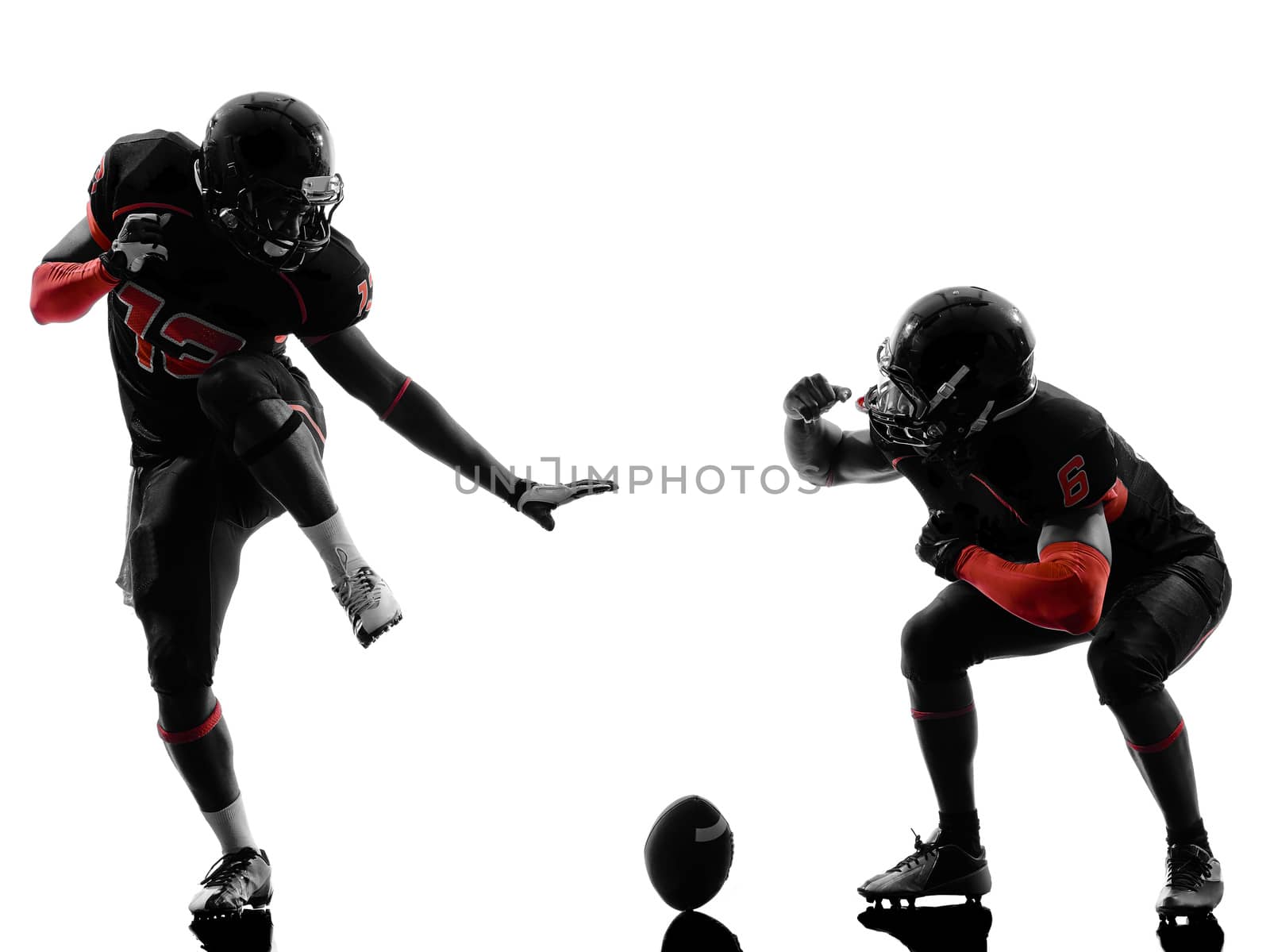 two american football players in touchdown celebration silhouette shadow on white background