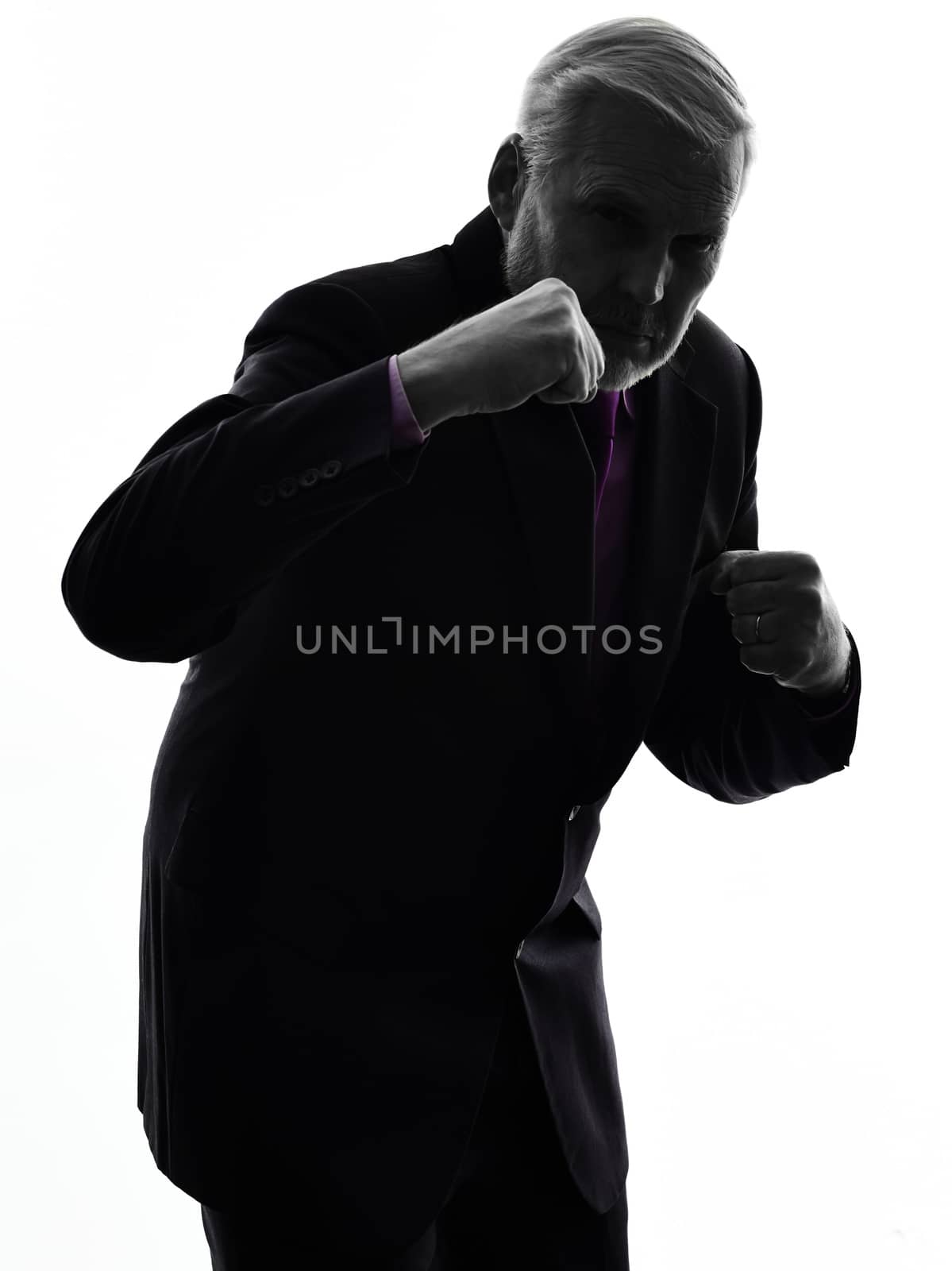 One Caucasian Senior Business Man punching the air Silhouette White Background