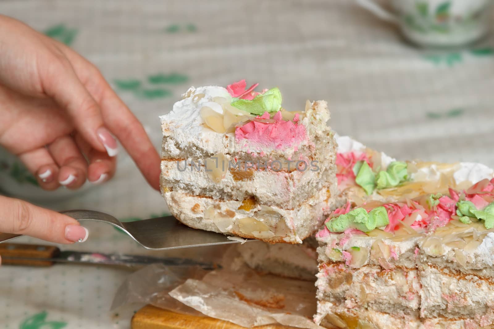 Cut a piece of cake in female hands