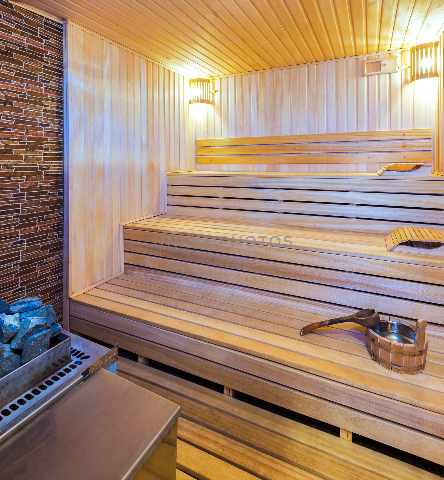 Interior of a wooden sauna