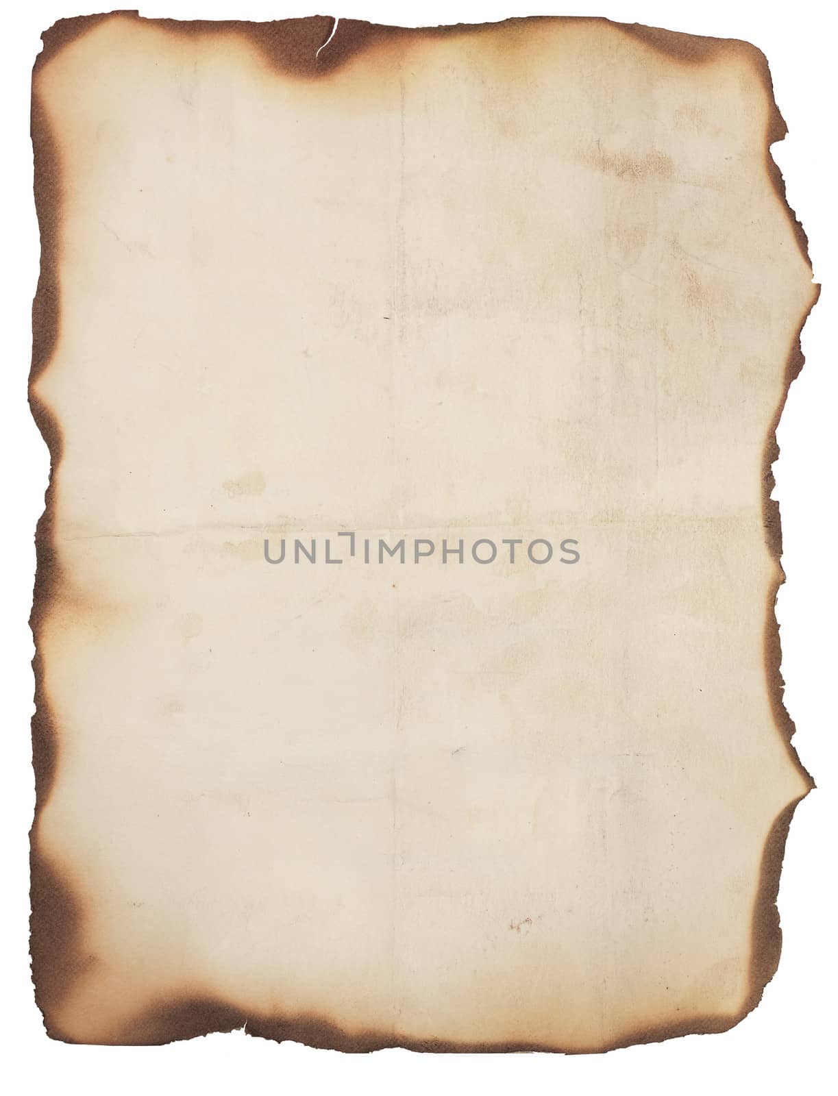 Old, creased and smudged paper with fire damaged and burned edges. Blank with room for text or images. Isolated on white.