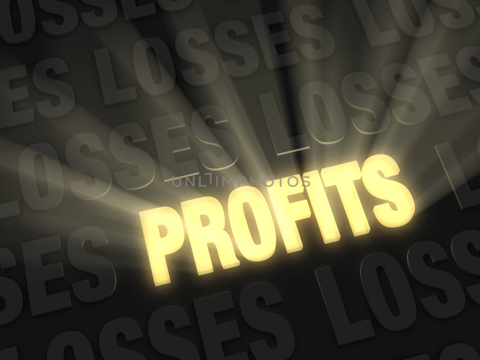 Brilliant light rays burst from a glowing, gold "PROFITS" on a dark background of "LOSSES"