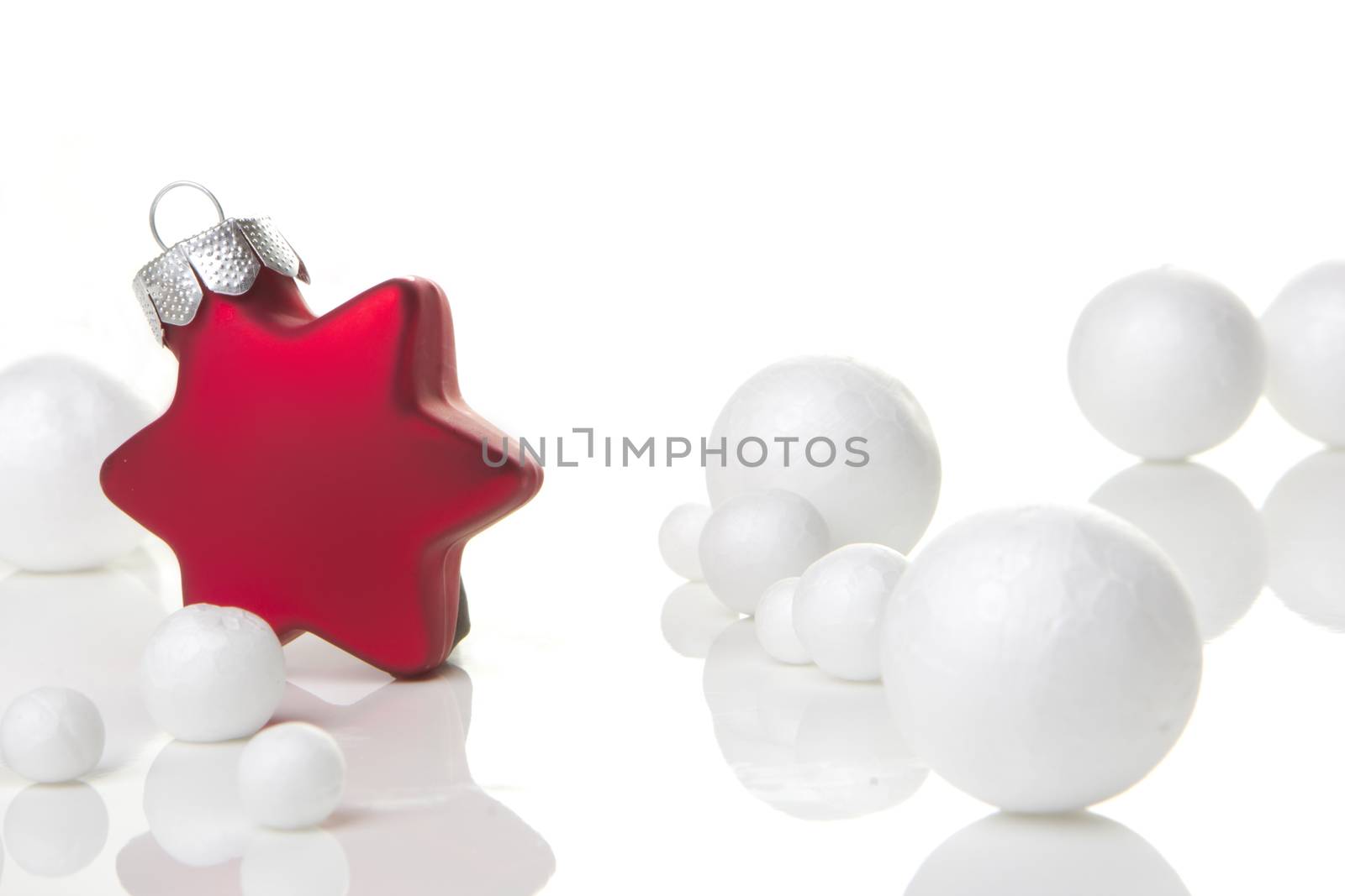 christmas, decoration with  christmas bauble red and white and poinsettia 