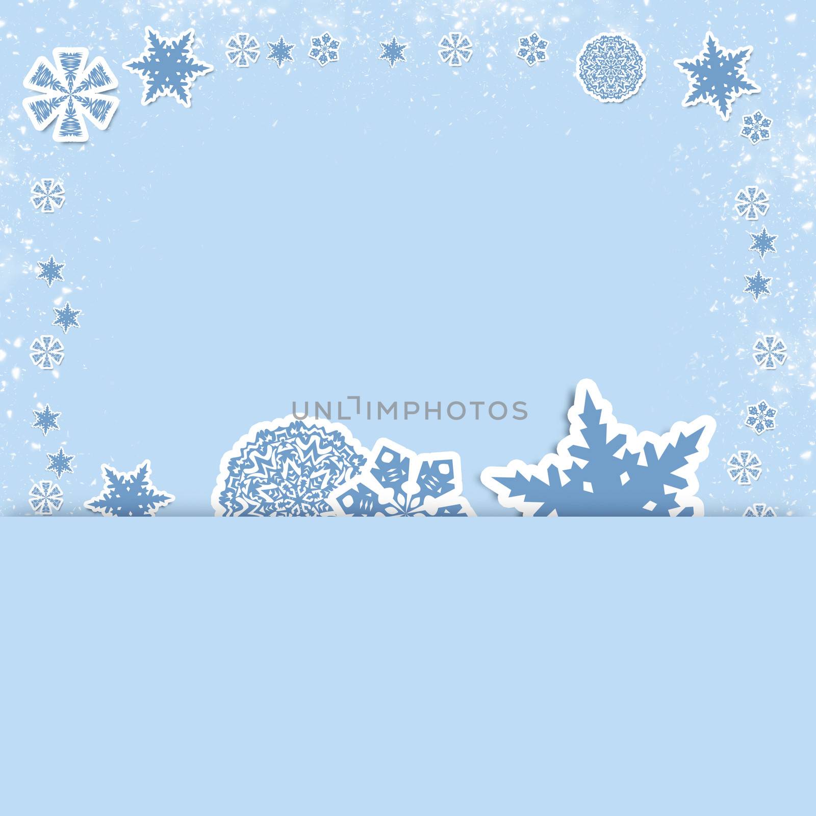 Christmas card. White snowflakes on a blue background