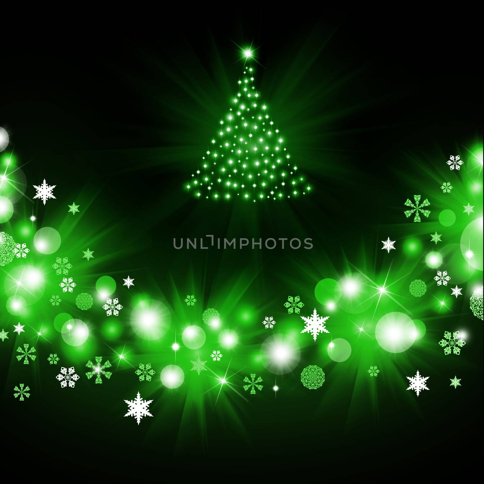 Christmas tree from green snowflakes on dark background