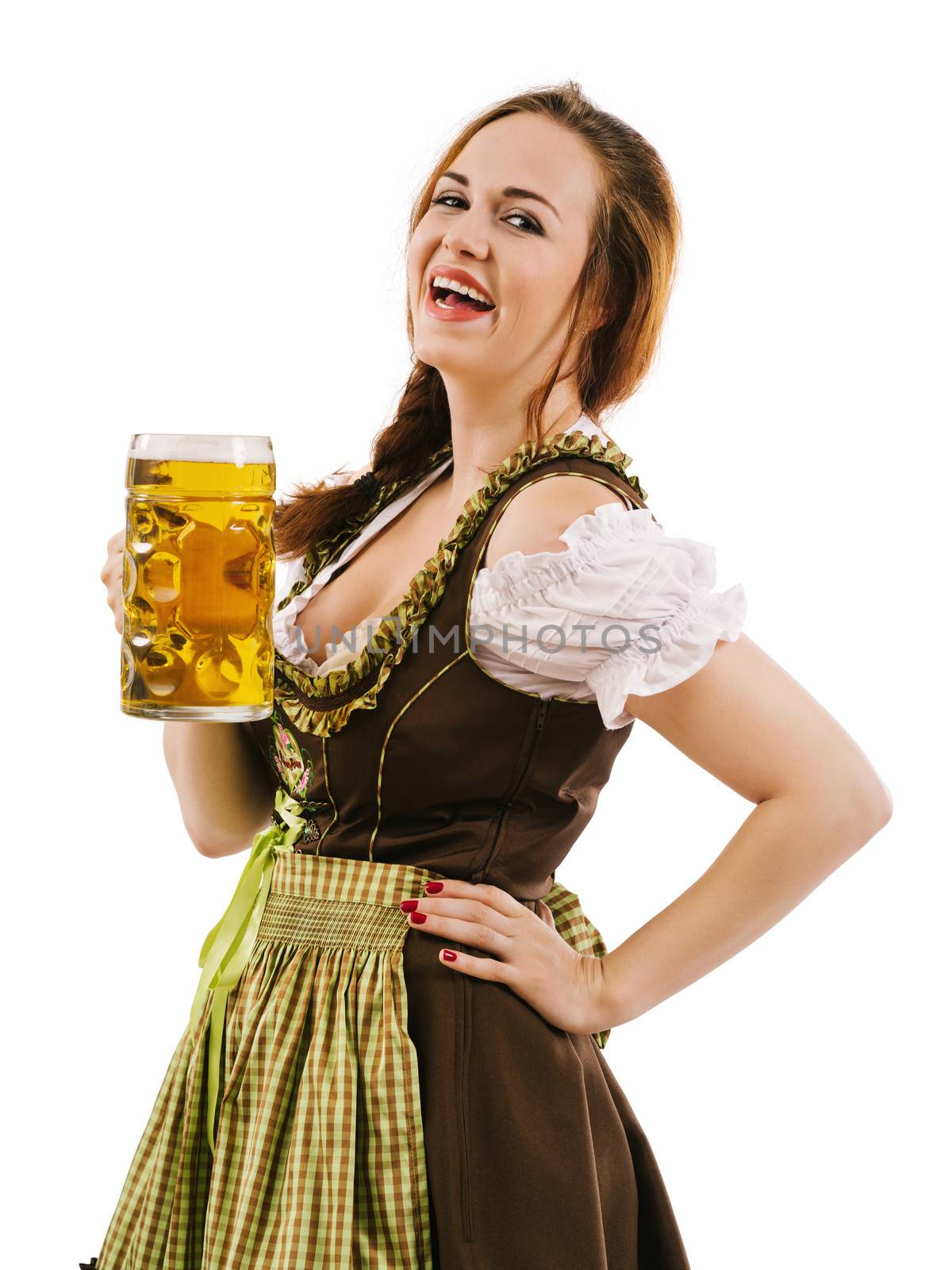 Photo of a beautiful happy woman wearing traditional dirndl, laughing and holding a huge beer.
