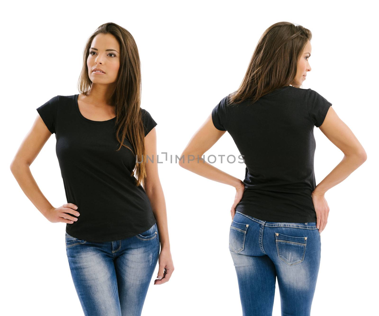Young beautiful sexy female with blank black shirt, front and back. Ready for your design or artwork.