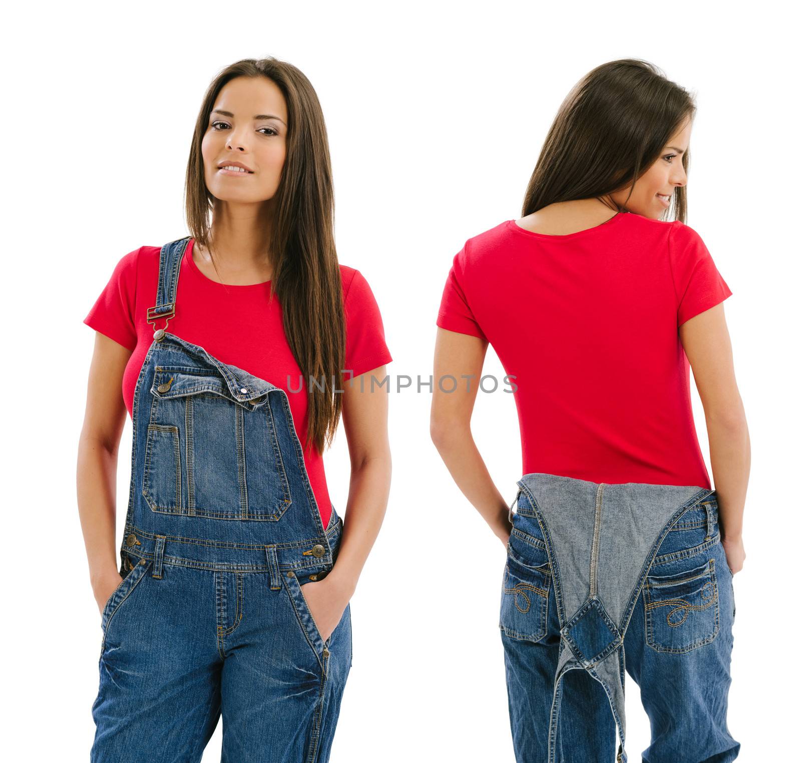 Young beautiful sexy female with blank red shirt and overalls, front and back. Ready for your design or artwork.