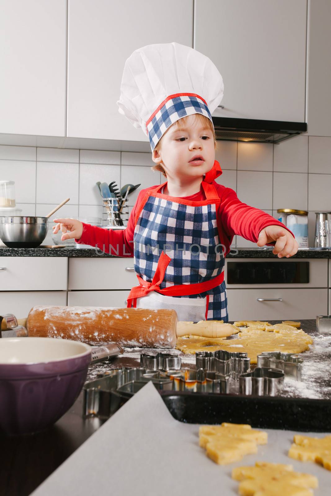 Photo of an adorable boy in a chef hat and apron making cookies in the kitchen.