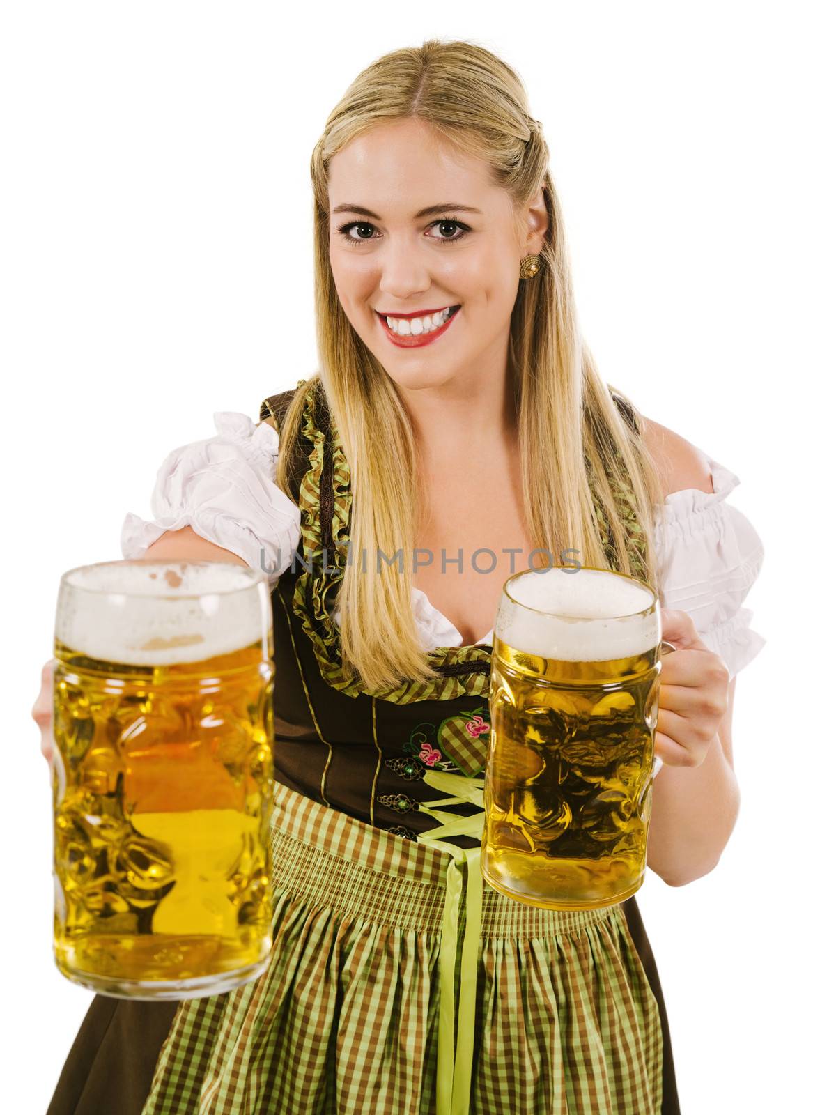 Photo of a beautiful happy woman wearing traditional dirndl, smiling and holding huge beers.