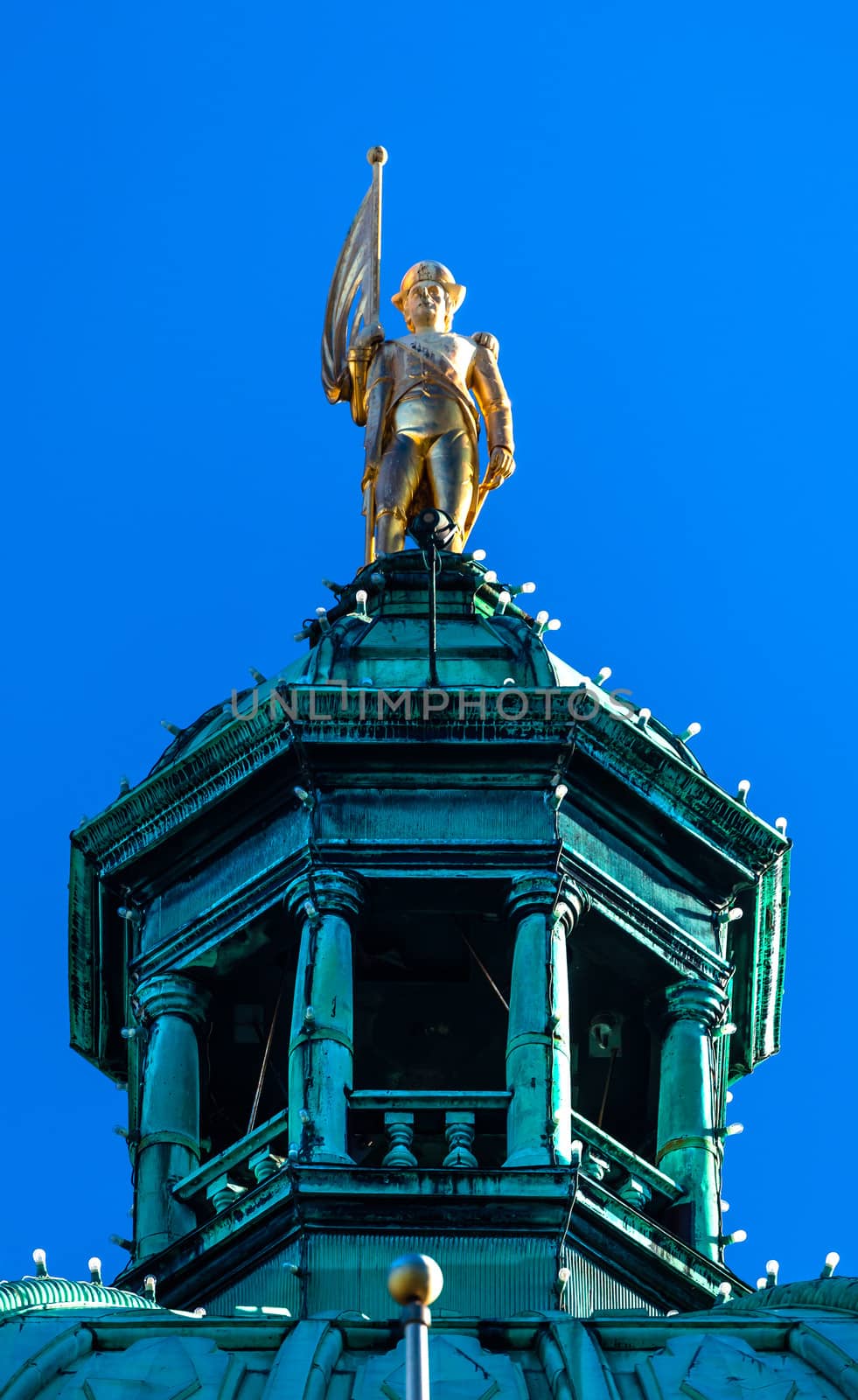 Golden George Vancouver Statue Provincial Capital Legislative Parliament Buildiing British Columbia Canada.  Captain George Vancouver of the English Navy discovered British Columbia in the 1790s.